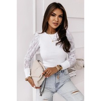 White Lace Splicing Sleeve Ribbed Slim Top - L thumbnail