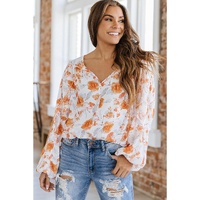 White Tassel Tie V Neck Bubble Sleeve Floral Blouse - M thumbnail