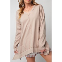 Apricot Exposed Seam V Neck Split Hem Tunic Top - L thumbnail