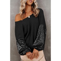 Black Sequin Patchwork Sleeve Open Back Waffle Knit Top - S thumbnail