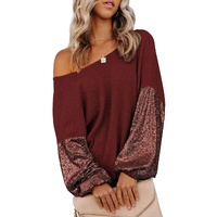 Biking Red Sequin Patchwork Sleeve Open Back Waffle Knit Top - L thumbnail