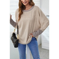 Khaki Contrast Cuffs Batwing Sleeve Loose Top - L thumbnail