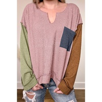 Pink Colorblock Rib Textured Loose Long Sleeve Top - M thumbnail