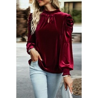 Azura Exchange Red Mock Neck Puff Sleeve Velvet Blouse - M thumbnail