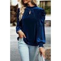Sky Blue Fiery Mock Neck Puff Sleeve Velvet Blouse - L thumbnail