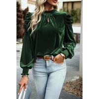 Azura Exchange Blackish Green Mock Neck Puff Sleeve Velvet Blouse - L thumbnail