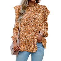 Orange Ruffle Collar Long Sleeve Peplum Top - M thumbnail