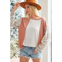 Apricot Colorblock Leopard Sleeve Patchwork Top - L thumbnail