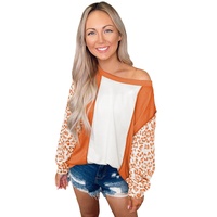 Orange Colorblock Leopard Sleeve Patchwork Top - M thumbnail