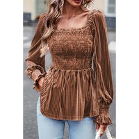 Chestnut Smocked Ribbed Velvet Babydoll Top - M thumbnail