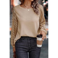 Flaxen Lace Patch Sleeve Waffle Knit Top - L thumbnail