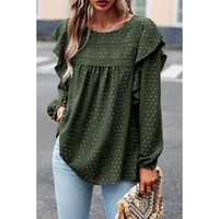Blackish Green Lace Eyelet Ruffle Shoulder Long Sleeve Blouse - L thumbnail