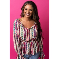 Multicolour Western Aztec Split Neck Peplum Blouse - M thumbnail