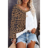 Brown Leopard Contrast Waffle Knit Twist Hem V Neck Top - L thumbnail