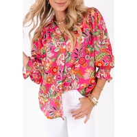 Strawberry Pink Floral Print Smocked Cuff Puff Sleeve Shirt - S thumbnail