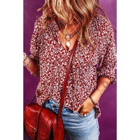 Biking Red Floral Print Smocked Tie Neck Blouse - L thumbnail