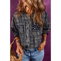 Navy Blue Vintage Boho Paisley Print 3/4 Sleeve Blouse - M thumbnail