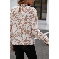 Flaxen Floral Print Frilled Neckline Flounce Sleeve Blouse - M thumbnail