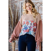 Printed Floral Contrast Colorblock Ribbed Top - L thumbnail
