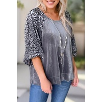 Azura Exchange Medium Grey Leopard Splicing Lantern Sleeve Velvet Blouse - L thumbnail