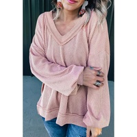 Peach Blossom Loose V Neck Bubble Sleeve Knit Ribbed Top - L thumbnail