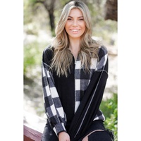 Black Checkboard Patchwork Exposed Stitching Collared Top - M thumbnail