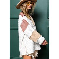 White Plaid Patchwork Exposed Seam V Neck Loose Blouse - L thumbnail