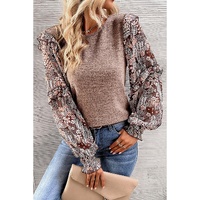 Pale Chestnut Ruffle Tiered Floral Sleeve Crew Neck Blouse - L thumbnail
