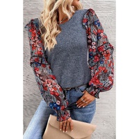 Blue Ruffle Tiered Floral Sleeve Crew Neck Blouse - M thumbnail