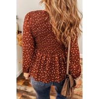 Boho Floral Smocked Bust Ruffled Peplum Blouse - S thumbnail