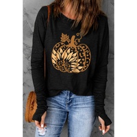 Black Sunflower Pumpkin Graphic Thumbhole Sleeve Top - S thumbnail