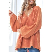 Orange Crinkle Textured Frill Split Neck Puff Sleeve Blouse - L thumbnail