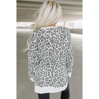 White Printed Solid Trim Leopard Print Top - M thumbnail