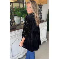 Black Sequin Puff Sleeve Buttoned Velvet Peplum Shirt - M thumbnail