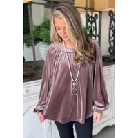 Rose Tan Button Keyhole Back Velvet Swing Top - M thumbnail