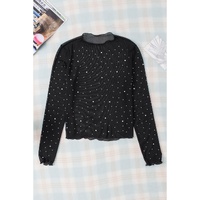 Black Rhinestone Sheer Mesh Slim Fit Long Sleeve Top - L thumbnail