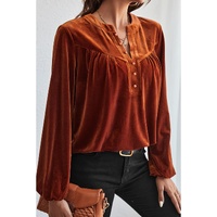 Gold Flame Lantern Sleeve Beaded Split V Neck Velvet Top - L thumbnail