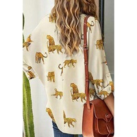 Apricot Printed Leopard Print Tab Sleeve Loose Fit V Neck Blouse - L thumbnail