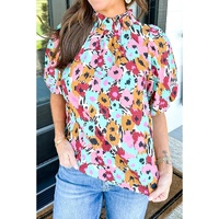White Frilled High Neck Buttons Back Floral Blouse - L thumbnail