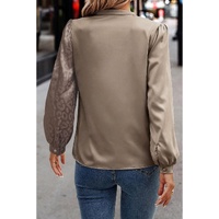 Light French Beige Contrast Half Leopard Jacquard Satin Blouse - L thumbnail