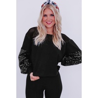Black Sequin Patchwork Lantern Sleeve Blouse - L thumbnail