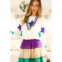 White Mardi Gras Star Printed Long Sleeve Top - L thumbnail