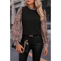 Black Contrast Leopard Print Lantern Sleeve Blouse - M thumbnail