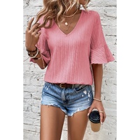Peach Blossom Ruffled Half Sleeve V Neck Textured Top - M thumbnail