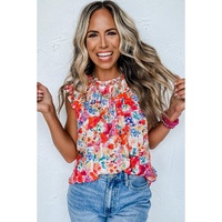 Red Frilled Neck Pleated Boho Floral Tank Top - L thumbnail
