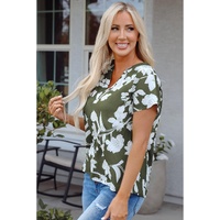 Green Floral Print Split Neck Short Sleeve Blouse - L thumbnail