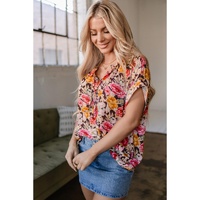 Pink Floral Print Crew Neck Short Sleeve Shift Blouse - L thumbnail