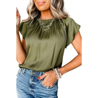 Jungle Green Pleated Flutter Sleeve Satin Top - S thumbnail