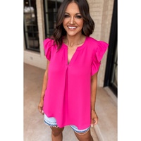 Rose Red Notched Neck Ruffle Sleeve Blouse - S thumbnail