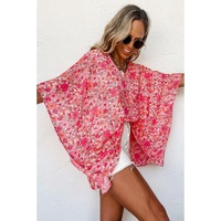 Pink Boho Floral V Neck Kimono Style Blouse - L thumbnail
